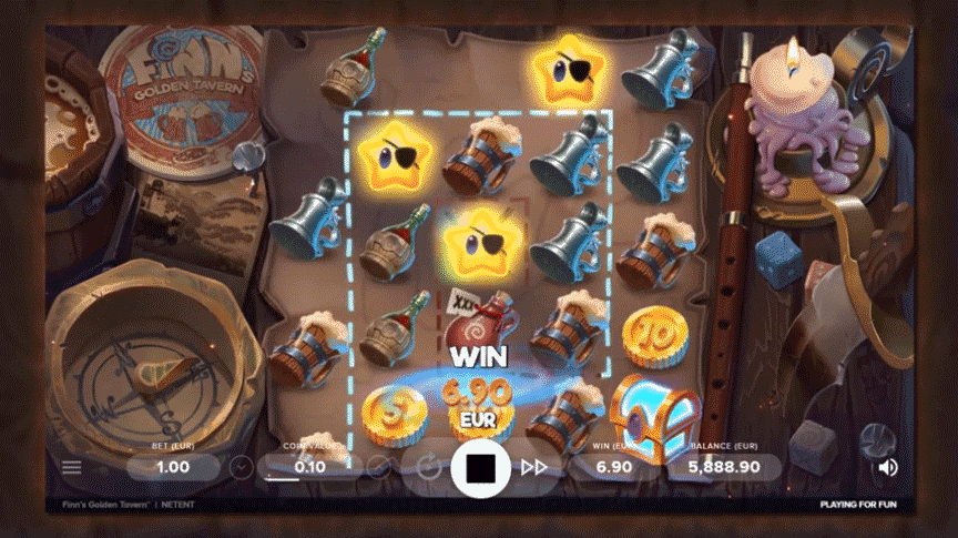 A screenshot from Finn’s Golden Tavern slot machine gameplay.